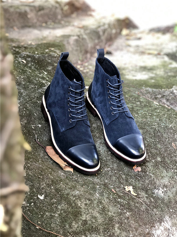 Luxury British High-Top Leather Boots in Black & Blue - Round Toe, Lace-Up, Comfortable Fit & Durable Rubber Sole - Men's Fashion Essentia