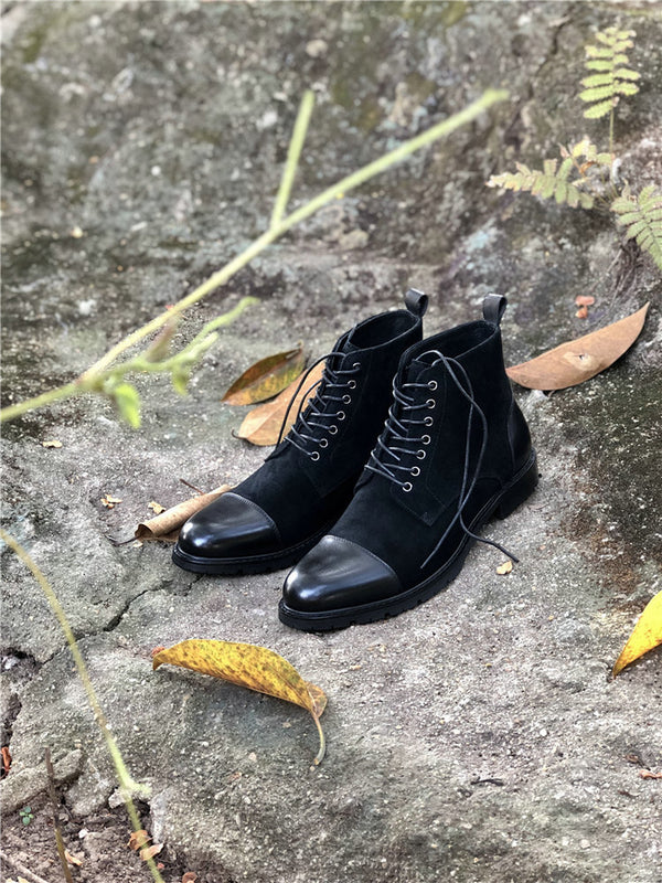 Luxury British High-Top Lace-Up Leather Boots in Black - British Style, Comfortable & Durable Men's Boots with 3-5 cm Heel