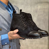 Luxury British High-Top Leather Boots in Black, Lace-Up Closure, Versatile Sizes 38-44, 3-5 cm Heel, Round Toe, Durable Rubber Sole