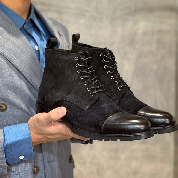 Luxury British High-Top Leather Boots in Black, Lace-Up Closure, Versatile Sizes 38-44, 3-5 cm Heel, Round Toe, Durable Rubber Sole
