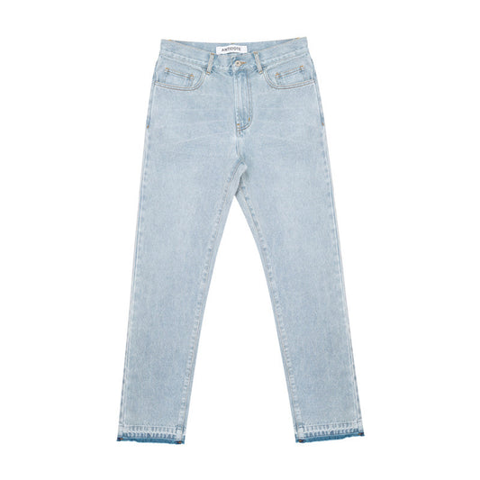 Washed Blue Frayed Edging Distressed Embroidered Straight-leg Jeans