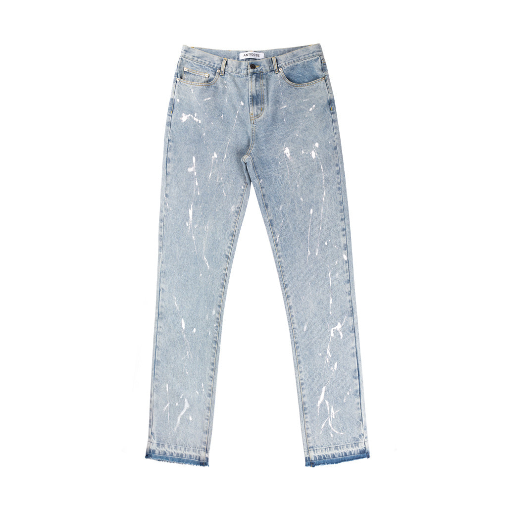 Trendy Street Distressed Rough Blue Straight-Leg Jeans With Broken Ink