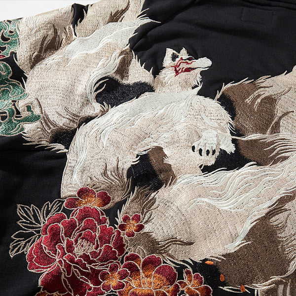 Yokosuka Hefushi Nine-Tailed Fox Velvet Hoodie - Winter Collection, Japanese Embroidery, Urban Chic, Sizes M-3XL