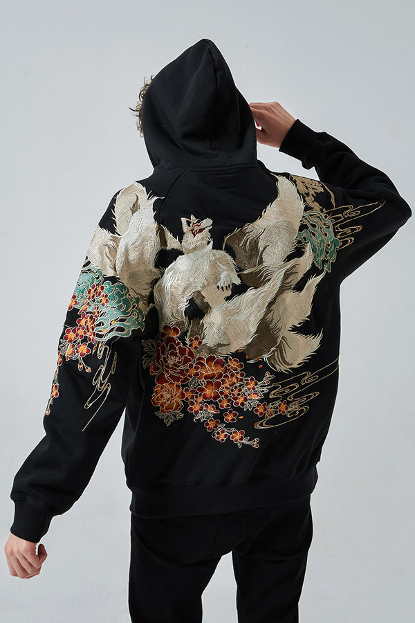 Yokosuka Hefushi Nine-Tailed Fox Velvet Hoodie - Urban Leisure & Chic Winter Sweater. Sizes M-3XL. Perfect for cozy style.