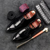 Men's Korean-Style Business Dress Shoes in Wine Red and Black with Low Heel - Trendy, Classic, and Sharp for Men's Fashion.
