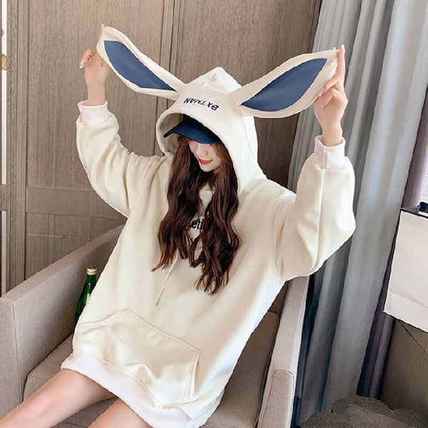 Cozy Velvet-Lined Rabbit Ear Hoodie in Pink - Sweet Women's Pullover