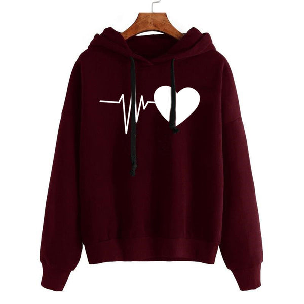 Chic Heart Print Long-Sleeve Hoodie - Urban Hipster Streetwear, Polyester, Women's Fashion