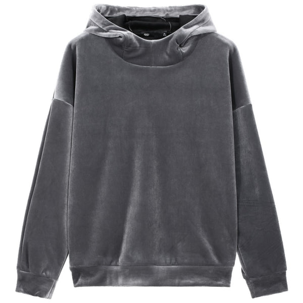 Thick Velvet Hooded Jacket in Solid Gray - Trendy Unisex Wear with Rotator Cuff Design