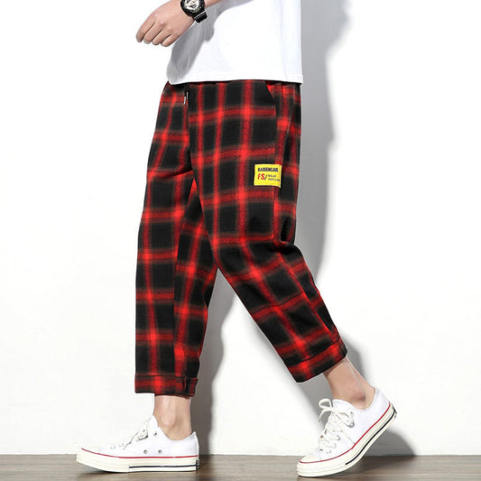 Men's Plaid Nine-Point Sweatpants, Stylish and Comfortable, Plaid Pattern, Polyester, Men's Fashion, Sizes M-5XL