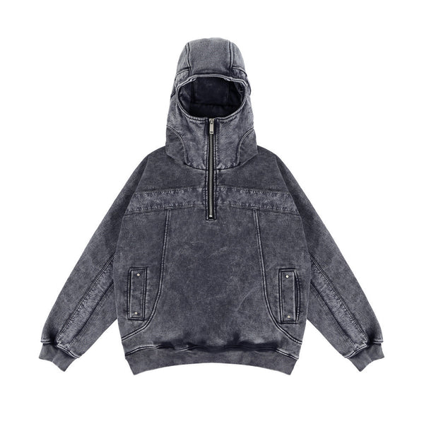 Men's Distressed Hooded Sweater, Fleece-Lined Pullover, Grey, Street Style Fashion.
