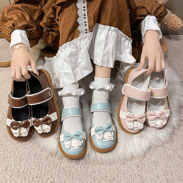 Chic Japanese Lolita Style Flats in Serene Blue, Playful Pink, and Versatile Brown. Comfortable with Low Top Design and 2cm Heel for Women.
