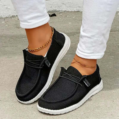 Fashionable Black Canvas Flat Shoes - Plus Size All-Weather Wear - Round Head Design - Size 35 to 43 - Casual Style
