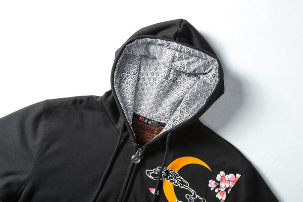 Premium Koi Fish Embroidered Hoodie Cardigan - Black Zipper Hoodie M-3XL