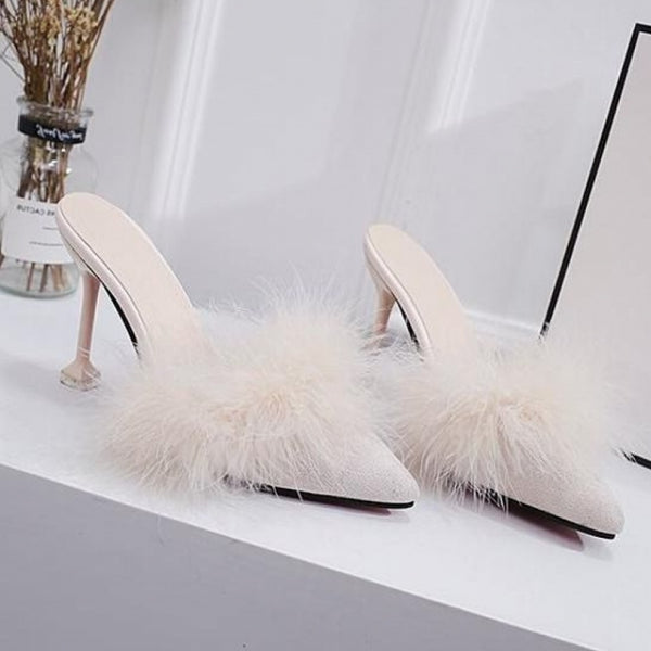 Women's Stiletto Heeled Slippers with Tassels in Red, Black, or Apricot