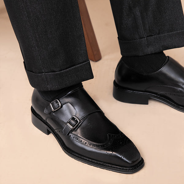 British Style Leather Square Toe Shoes in Black and Brown with Buckle Closure and Carved Flower Detail