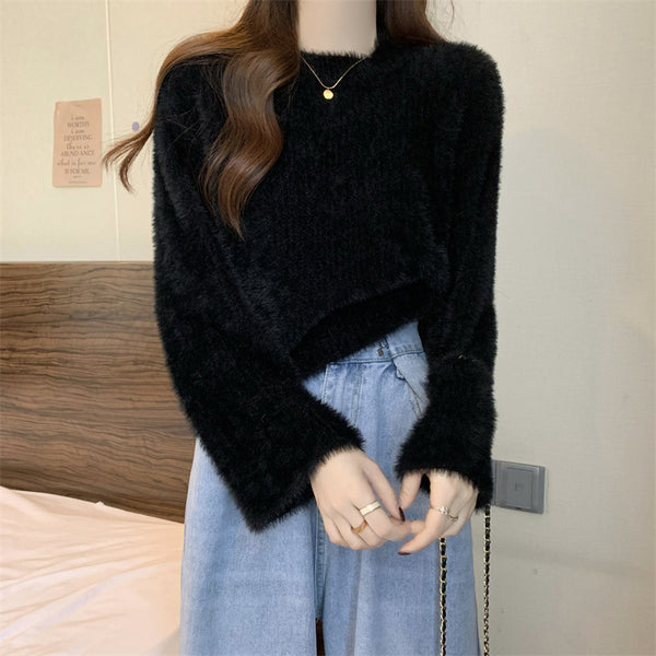 Chic Short Knitted Top in Dark Red - Trendy urban style with flying sleeves, perfect for New Year.