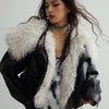 Vintage Luxury Leather Jacket with Detachable Fur Collar in Black PU Leather