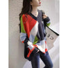 Women's V-Neck Rainbow Knit Sweater, Vibrant Colors, Loose Fit