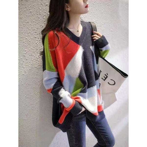 Women's V-Neck Rainbow Knit Sweater, Vibrant Colors, Loose Fit