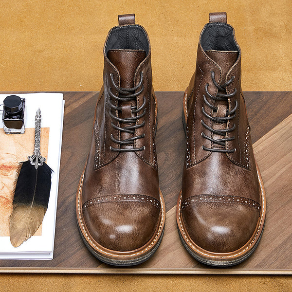 Genuine British-Styled Leather Martin Boots for Men, Brown, Classic Design, Premium Quality, Versatile, Comfortable, Stylish