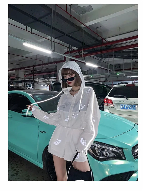 Reflective Butterfly Print Hoodie & Shorts Set for Women