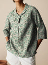 Retro Slub Linen Shirt for Autumn Casual Wear with Long Sleeves, Loose Fit, and Sophisticated Print. Medium Length (65cm). Ideal for Chilly Nights.