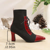 Chic black and red pointed toe lace-up booties with block heel, perfect for all-season fashion and comfort.
