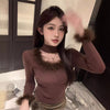 Cozy Patchwork Halter Top in Apricot or Brown, Slim Fit Women's Pullover Sweater