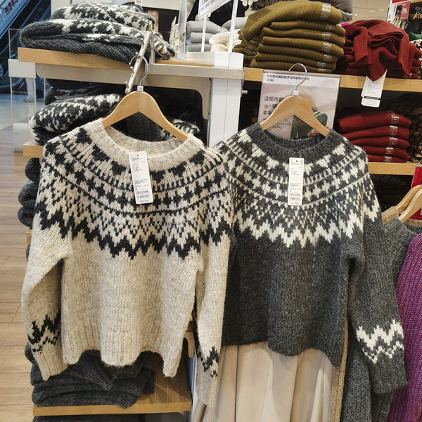 Women's Japanese-Korean Style Printed Sweater in Blue-Gray for Autumn/Winter