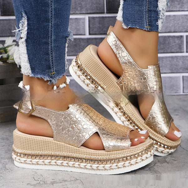 Stylish Crocodile Platform Sandals for Plus Size Women - Gold Tone Buckle Closure, Trendy Design, Comfortable Fit