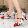 Chic Polka Dot Mary Jane Kitten Heels with heart-shaped ankle strap and pointed toe, perfect for all-season stylish wear.