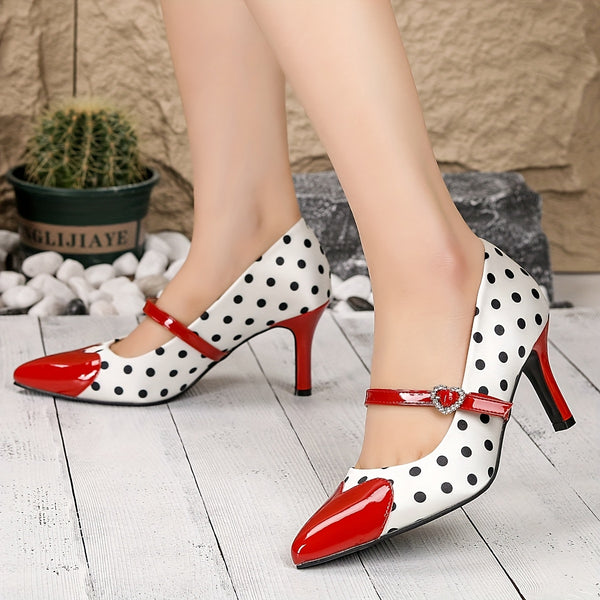 Chic Polka Dot Mary Jane Kitten Heels with heart-shaped ankle strap and pointed toe, perfect for all-season stylish wear.