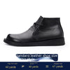 Men's Leather Mid-Top Boots with Thick Sole and Lace-up Design in Black. Durable cowhide, pigskin lining, rubber sole. Great for winter style and comfort.