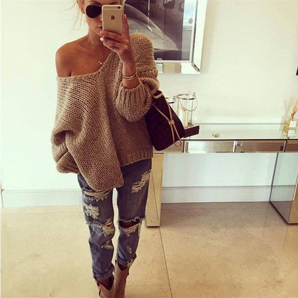 Cozy Off-Shoulder Gray Women's Sweater - Long Sleeve Pullover.