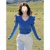 Cozy Atmosphere Ruffled Collar Sweater in Klein Blue - Stylish urban chic top with flying sleeves and unique ruffled collar design.