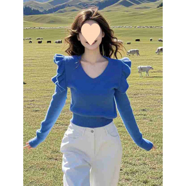 Cozy Atmosphere Ruffled Collar Sweater in Klein Blue - Stylish urban chic top with flying sleeves and unique ruffled collar design.