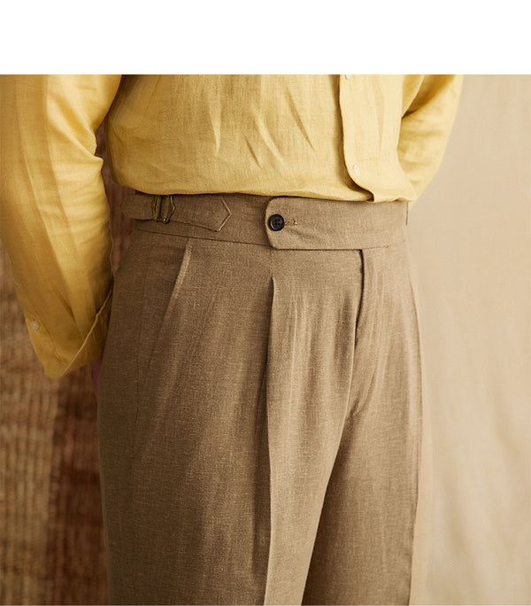 High-Waist Men's Casual Pants in Lyocell Cotton Blend, Khaki and Brown