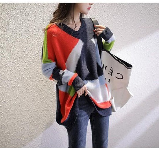 Women's Rainbow Knitted Sweater - V-Neck, Long Sleeve, Casual Wear - Vibrant Colors - S-XL Sizes - Polyester Material