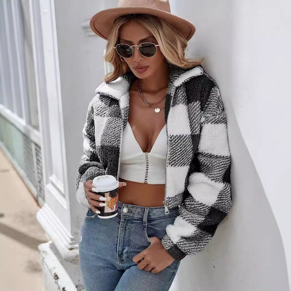 Chic Women's Striped & Plaid Short Coat in Black - Stylish & Versatile Outerwear