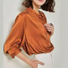 French-Style Silk Women's Shirt in Orange and White with Lantern Sleeves
