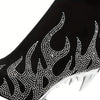 Glamorous rhinestone heels with flame pattern, pointed toe, side zipper, perfect for evening wear and nightclub events.