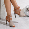 Chic buckle high heels with open-toe design, stiletto heel, and ankle strap for elegant summer outings and formal occasions.