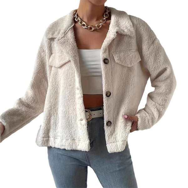 Chic White Velvet Lapel Woolen Coat, Japanese Korean Style, Polyester Fiber, White Woolen Coat
