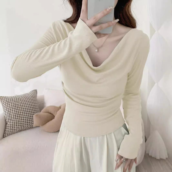 Chic One-Shoulder Women’s Top, Long Sleeve, Cold-Shoulder Style in Polyester - Stylish Fall Fashion Choice