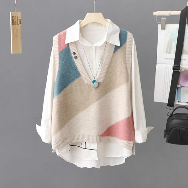 Stylish Contrast Color V-Neck Women's Sweater - Acrylic Polyester Blend - Versatile Fashion Outerwear - Free Size Comfy Fit