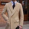 British Slim Fit Wool Blend Double-Breasted Coat in Khaki and Dark Blue with Decorative Buttons and Patch Pockets.