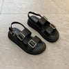 Women's Summer Platform Sandals with Metallic Square Buckle in Black and Creamy-White colors, Korean Style, Adjustable Ankle-Strap