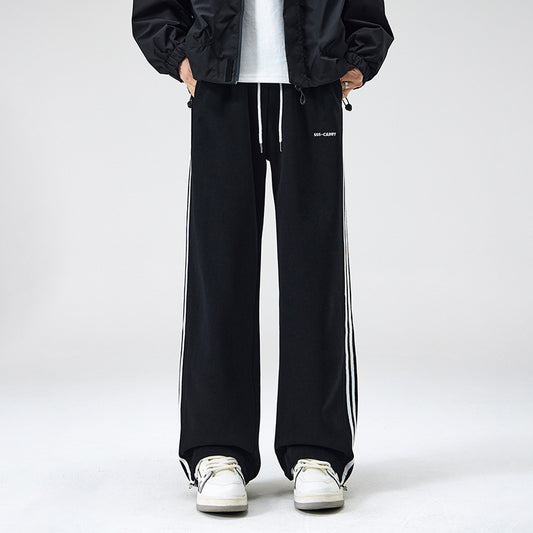 Sporty Hip Hop Inspired Men's Loose Pants - Black Stripe Cotton Trousers
