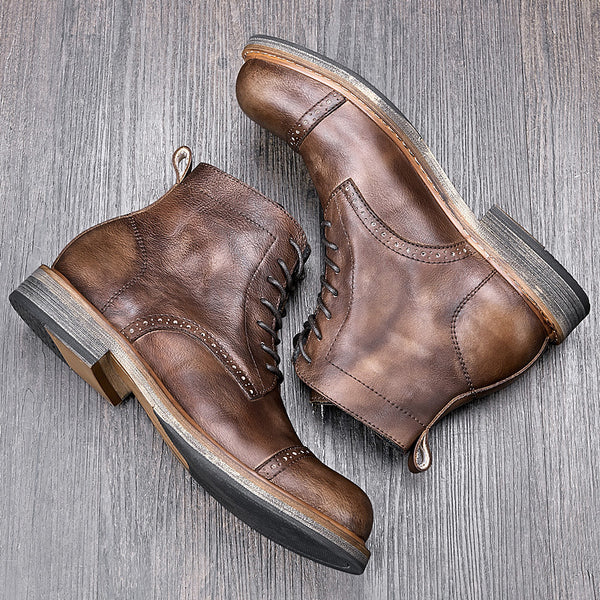 British-Styled Leather Martin Boots, Brown Luxury Footwear with Classic Design, Men's High-Top Shoes, Premium Quality Craftsmanship.