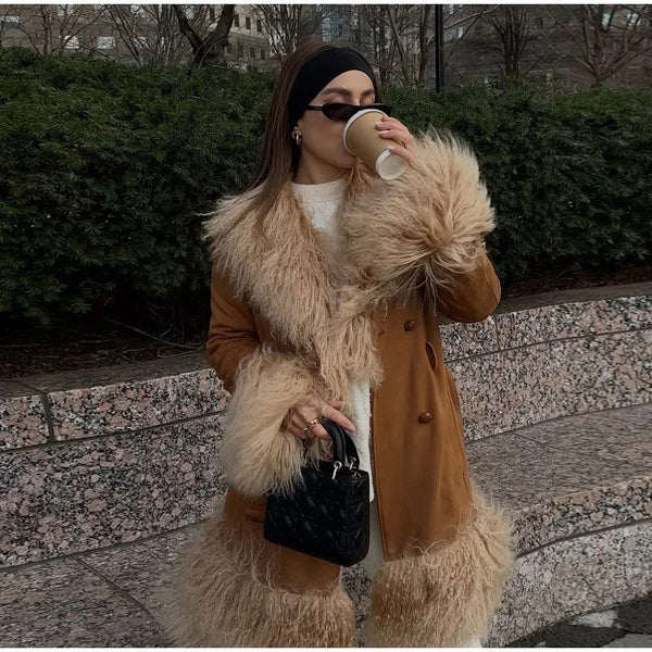 Classy Mid-length Retro Street Coat for Women in Light Brown Polyester Fabrics